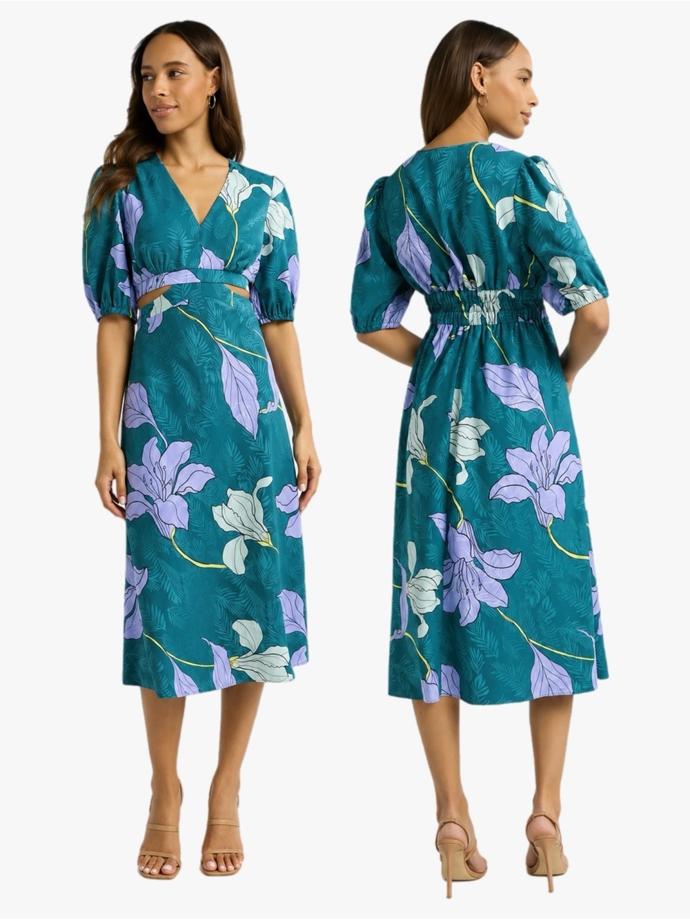 Sofia Jeans XXL Floral Midi Dress Cut Out Sides Puff Sleeve Plus Size